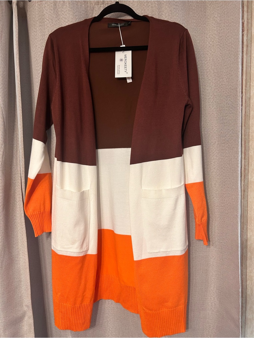 Merokeety Colorblock Open Cardigan - Brown, White & Orange Small